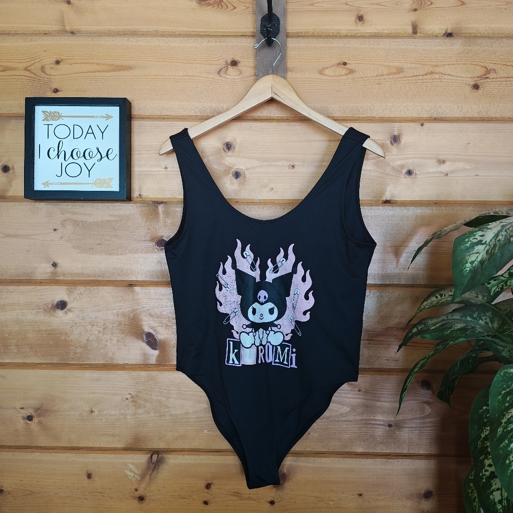 Kuromi Sanrio‎ Bodysuit Black Kawaii Top Hybrid Swimsuit Stretch Goth Punk Sz XL